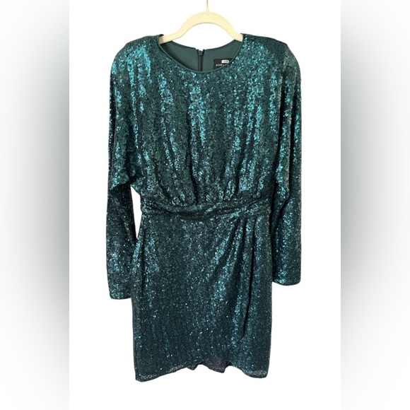 Donna Morgan Long Sleeve Dolman Sleeve with Wrap Miniskirt-Bottle Green Size 6 - Picture 5 of 10